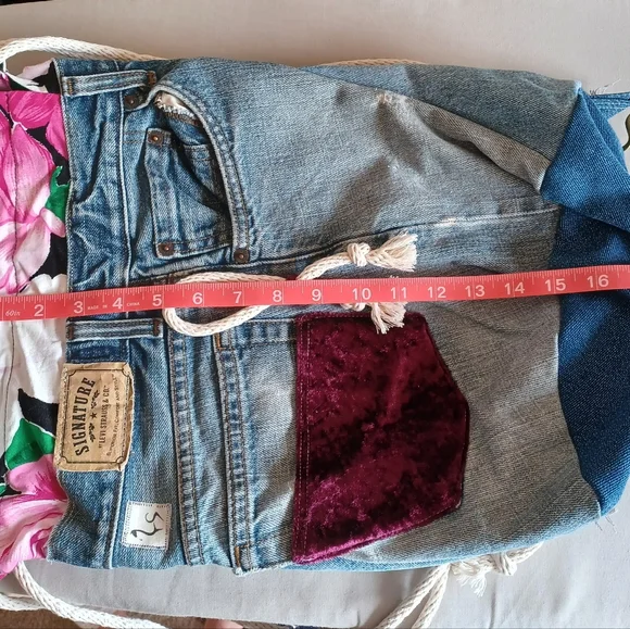 Handmade Original Design Upcycled Jeans Denim Drawstring Backpack Floral Lining - Picture 13 of 14